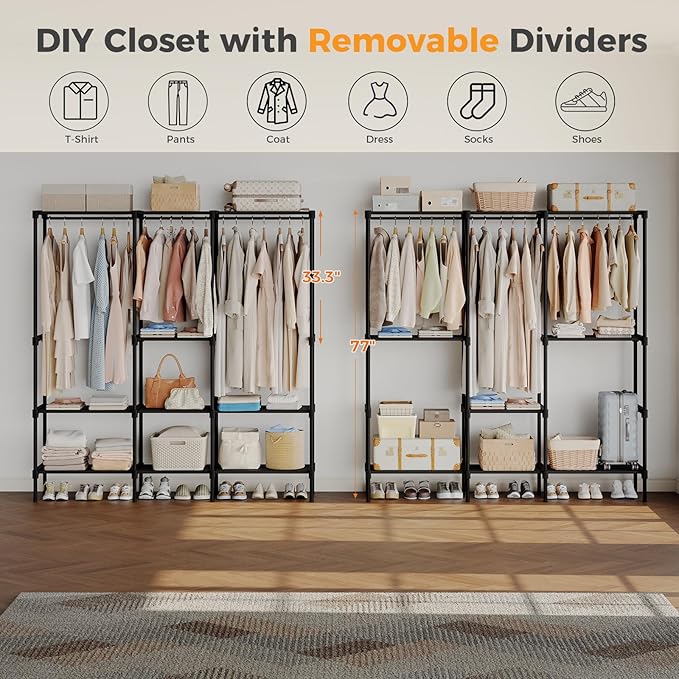 OLIXIS Portable Wardrobe Closet with Hanging Rods, 74.5 Inch Wide Portable Clothing Rack with Shelves, Heavy Duty Clothes Rack, Freestanding Closet Organizer