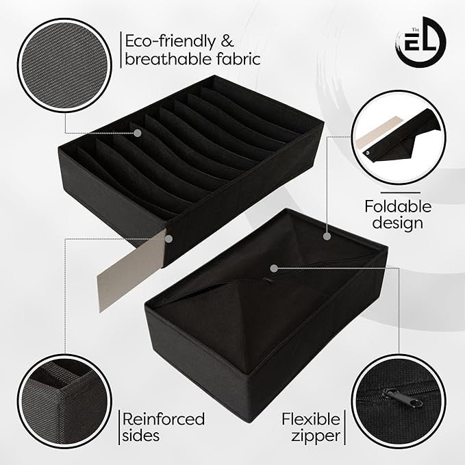 Drawer Organizer Clothes - 3 Set Multipurpose Dresser Drawer Organizer for Adults & Kids, Closet Foldable 10 Cells per Organizer - Non-Woven Fabric, T-Shirts, Baby Clothes, Shorts Organizer - Black