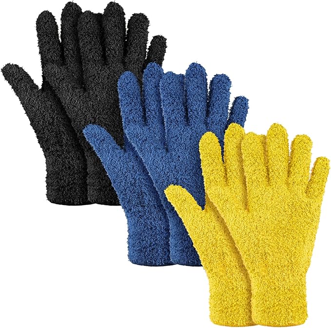 Patelai 3 Pairs Microfiber Plant Dusting Gloves Leaf Cleaning Gloves for Indoor Plants, Blinds, Furniture, House (Black,Navy,Yellow,Small)