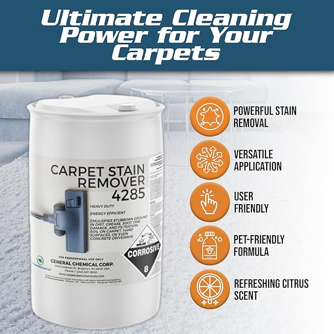 Carpet Stain Remover 4285 - All-Purpose and Multi-Surface Stain Remover - Residential Use - For Heavy-Duty Spot Cleaning - Professional Grade - 55 Gallon Drum