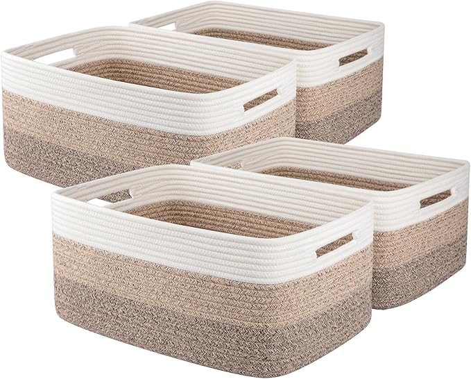 Large Storage Basket for Organizing, Woven Rope Basket for Shelves, Closet Organizer Bins for Clothes, Blanket, Toys, Baby Nursery Storage, 17.7" x 13" x 7.87", 4 Packs Gradient Yellow