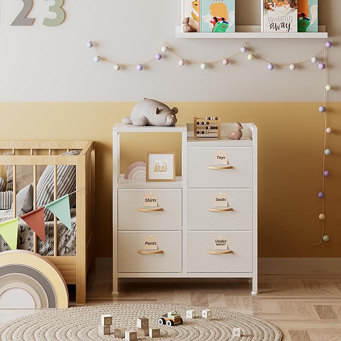 Furnulem 5 Drawer White Dressers for Bedroom 2 Tier Shelf Storage Small Fabric Dresser for Closet Sturdy Metal Frame Modern Style Storage Cabinets Organization Units for Hallway Rooms