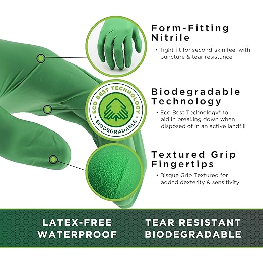 SHOWA 6110PF Sustainable EBT Latex-Free, Powder-Free, Nitrile Disposable Single Use Safety Gloves, 4 Mil, 9.5" Length, Medium (1 Box/100 Gloves)
