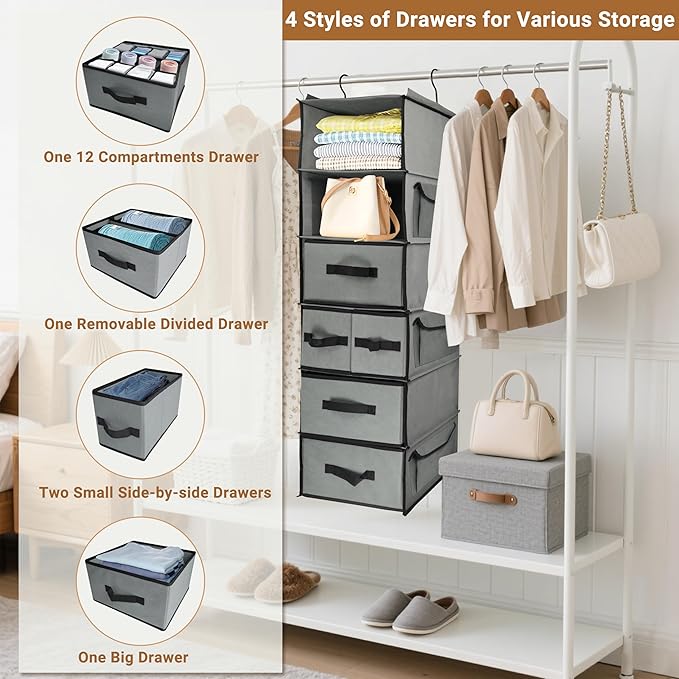 Durable 6-Tier hanging closet organizer with 5 Drawers & 3 Side Pocket,Thickened Fabric Hanging Shelves Holder with Sturdy Hook,Space-saving Storage Organization for Bedroom,Dorm,Guestroom,RV,Bathroom