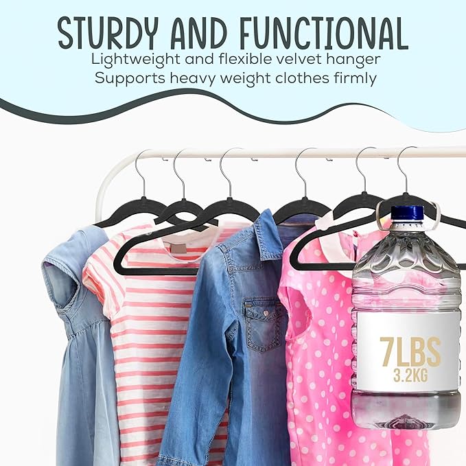 TechZoo 25 Premium Kids Velvet Hangers - 14" Non-Slip Clothes Hangers for Kids & Preteens - Ultra Slim, Space-Saving, Strong & Durable Hangers with 360° Swivel Hook - Black