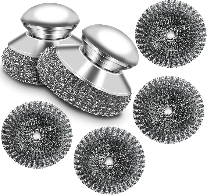 Stainless Steel Scrubber with Handle, Heavy Duty Steel Wool Scrubbers for Pots and Pans, Cast Iron, Steel Wool Scouring Pads for Stove, Oven, Grill, Kitchen, Sink Cleaning