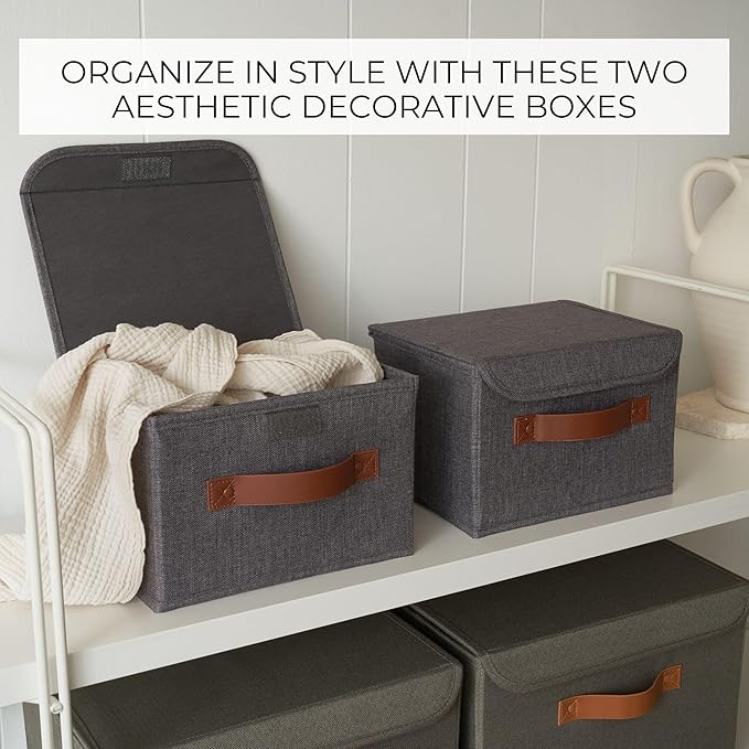 Decorative Linen Storage Boxes with Lids - Spacious Set of 2 Organizer Bins for Your Home Decor - The Perfect Small Container to Safely Store Photos, Documents and Memory Box Keepsakes in Style