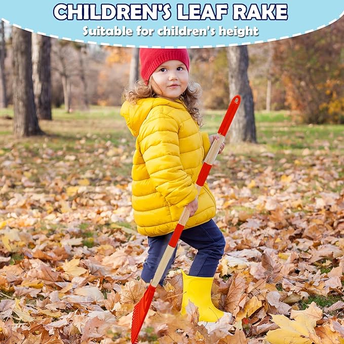 Kids Leaf Rake - 3-Section Adjustable Handle, Lightweight, Wood & Plastic, Small Garden Tool for Children (Red)