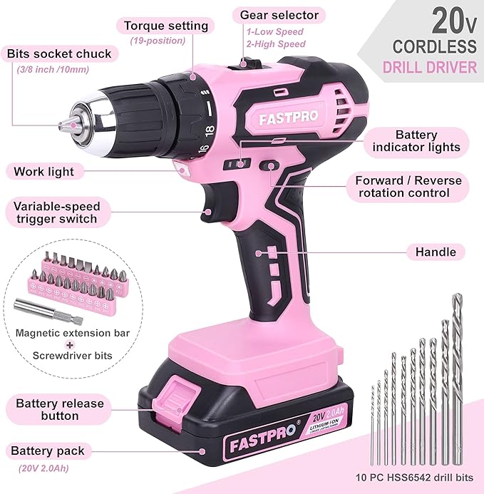 FASTPRO Pink Tool set -220-Piece Lady's Home Repairing Tool Kit & 20V Pink Cordless Lithium-ion Drill Driver