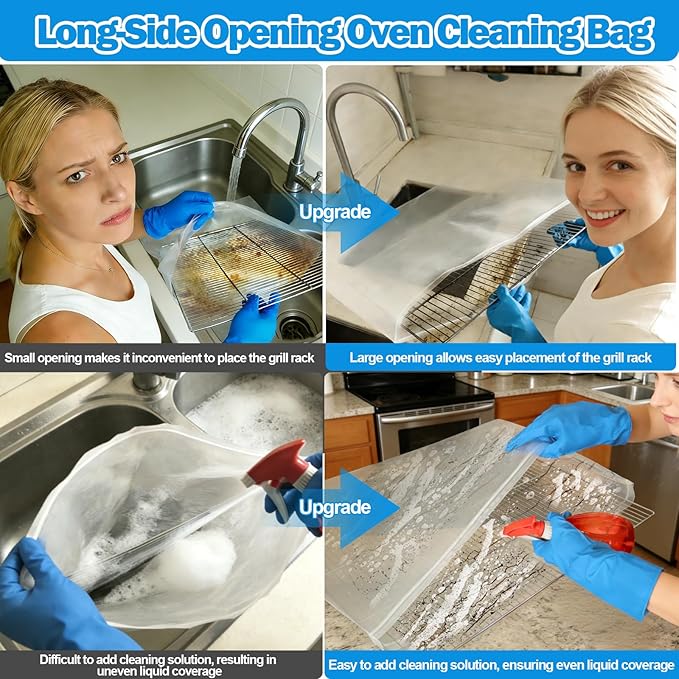 XANGNIER 10 Pack No Scrub Oven Rack Cleaning Bags with Side Zipper Opening,27.8 * 19.5 in,No Cleaner Included, Reusable Leakproof Soaking Cleaner Bags for Removable Metal Rack,BBQ Grills,Grill Grate