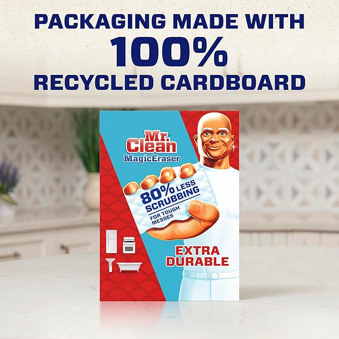 Mr. Clean Magic Eraser Sponge, All Purpose Cleaner, Cleaning Scrubber, Wall Cleaner, Sneaker Cleaner, Kitchen, Bathroom, Shower Cleaning Supplies, Melamine Sponge, Cleaning Pads, Extra Durable, 4ct