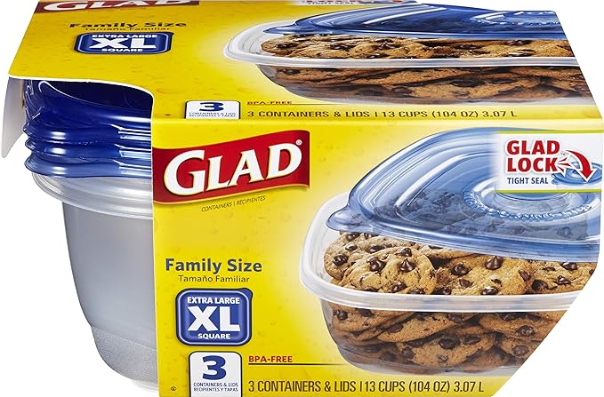 Glad GladWare XL Square Food Storage Containers with Lock Tight Lids, Family Size No BPA Plastic Containers for Leftovers and Meal Prep, Reusable Dishwasher Safe, 104 Oz, 3 Count - 3 Pack