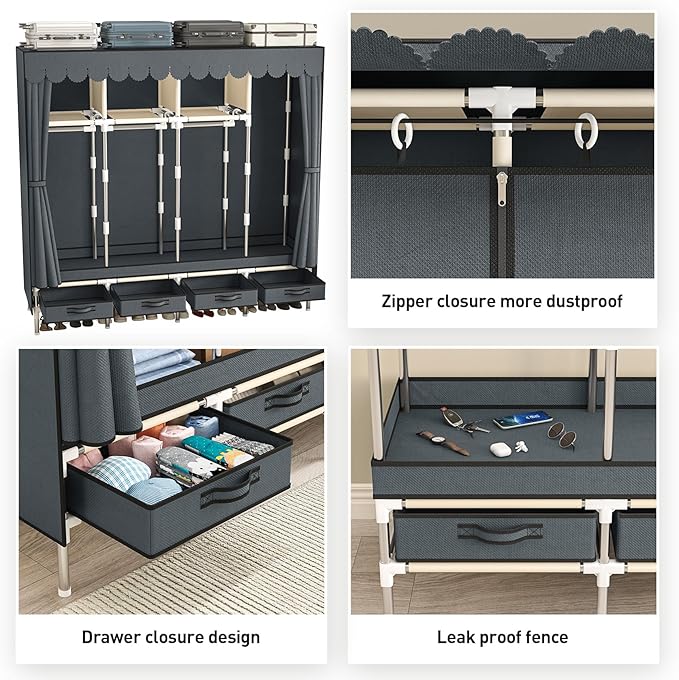 Large Portable Wardrobe with 4 Hanging Rods and Drawers, Armoire, Metal Storage Wardrobe Hangers, Upgraded Grey Non-Woven Dust Cover for Handing Closet,Large Closets for Bedroom