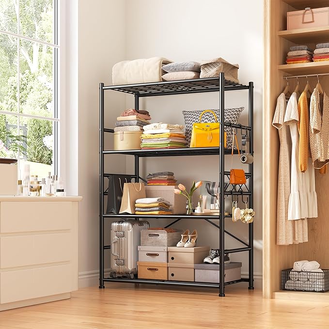Storage Shelves 4-Tier Large Capacity Metal Shelving with Hooks, Heavy Duty Garage Shelving Unit with Leveling Feet, Stable Metal Shelves for Pantry, Kitchen and Closet,36" W x 12" D x 60" H, Black