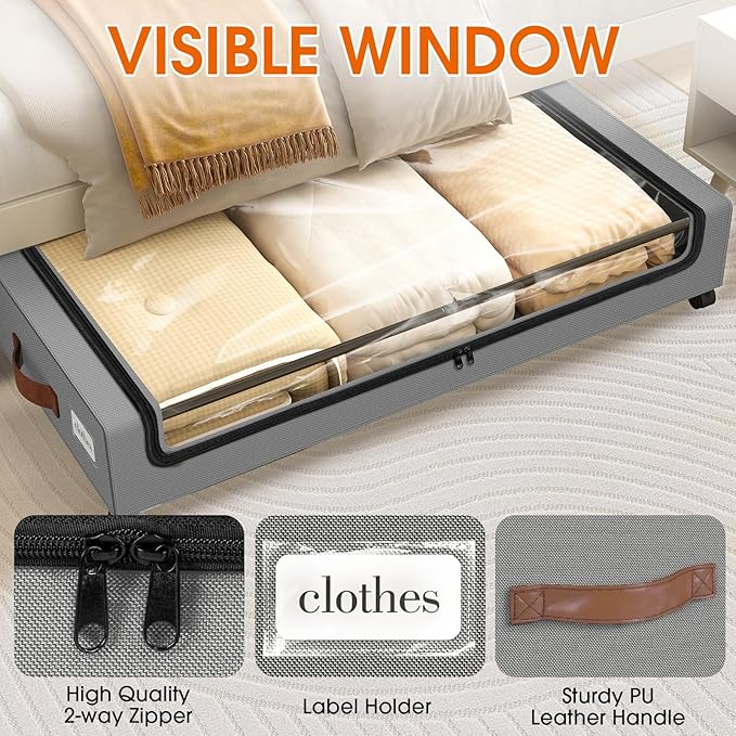 SpaceHacks Under Bed Storage with Wheels 1Pack Underbed Storage with Clear Window&Label Under Bed Drawers Large Capacity Rolling Under Bed Storage for Clothes,Shoes, Blankets (Light Grey)