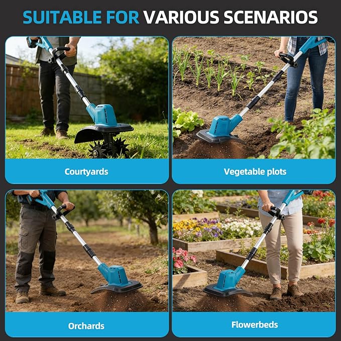 Cordless Tiller Cultivator, Battery Powered Electric Tiller with 360RPM, 48 Steel Tines, 9" Tilling Width, 6.6" Depth, Portable Rotary Tiller for Gardening(2x4.0 Ah Battery & Charge & LCD Display)