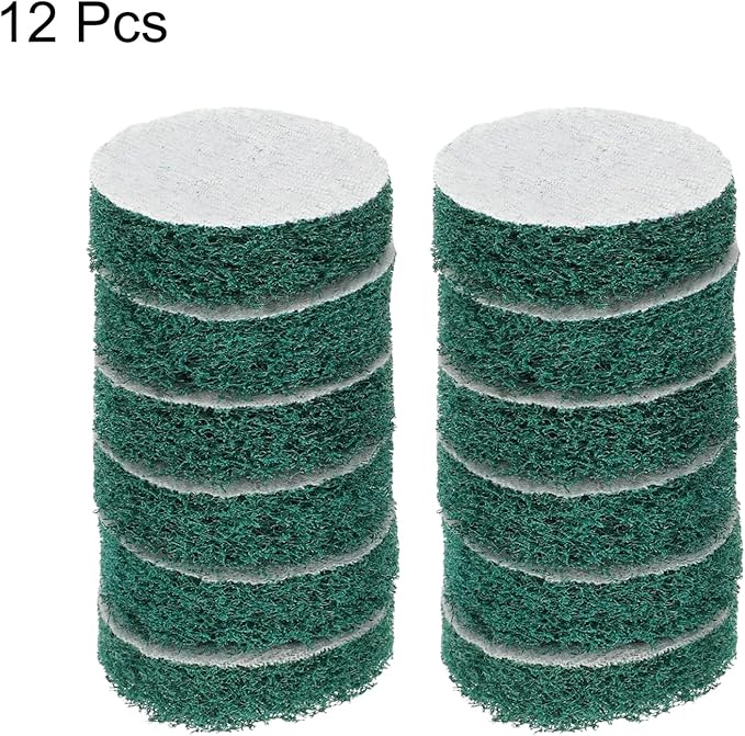 HARFINGTON 12pcs Scrubber Scouring Pads 180 Grits 2 Inch Drill Power Brush Hoop and Loop Surface Conditioning Disc Drill Scuffing Disc Scrub Pads for Home Kitchen Cleaning, Green