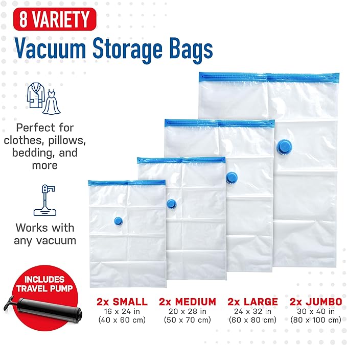 Spacesaver Vacuum Storage Bags with Hand Pump - Vacuum Seal Bags for Clothing, Comforters, Blankets - Reusable Compression Bags for Travel, Moving, Organization - 2S, 2M, 2L, 2XL Sizes - Pack of 8