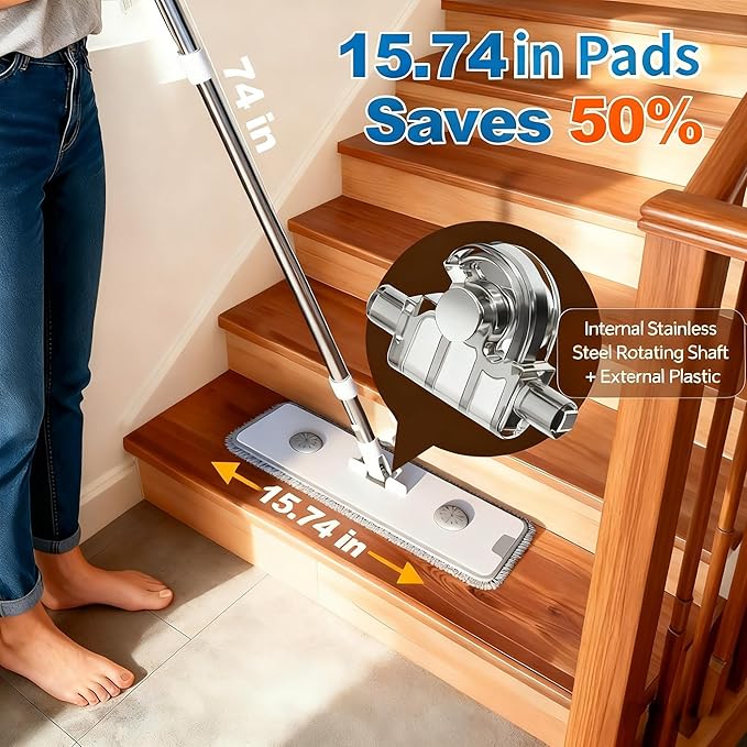 CTIME Large Mop and Bucket Set, Flat Mop and Bucket System, Wall Mop with Adjustable Handle (Max 70.87 Inches), Mops for Floor Cleaning, 6 Washable 15.74'' Microfiber Mop Pads