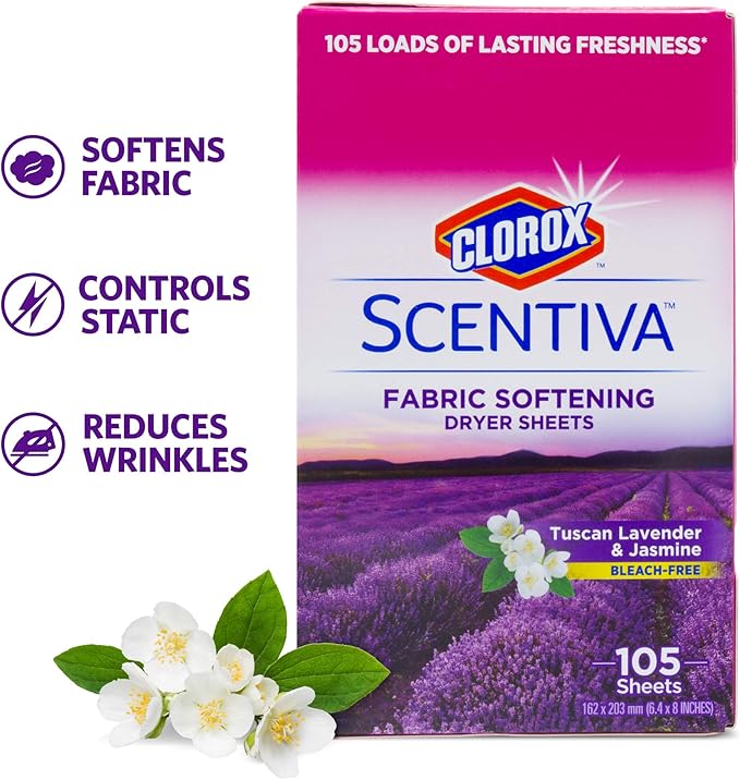 Clorox Scentiva Fabric Softening Dryer Sheets Fabric Sheets in Tuscan Lavender & Jasmine Scent Laundry Dryer Sheets for Fresh & Clean Clothes (Pack of 6, 630 Count Total)