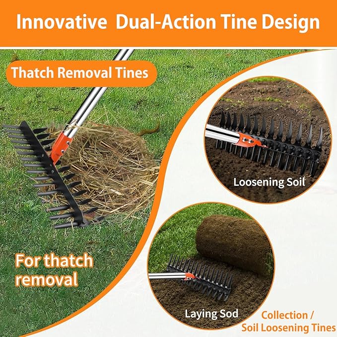 2-in-1 Thatch Rake with Dual Different Tines - Dethatcher Rake for Lawns, Versatile Lawn Rake for Thatch Removal and Soil Care, Heavy Duty Garden Rake Includes Reusable Waste Bag & Gloves