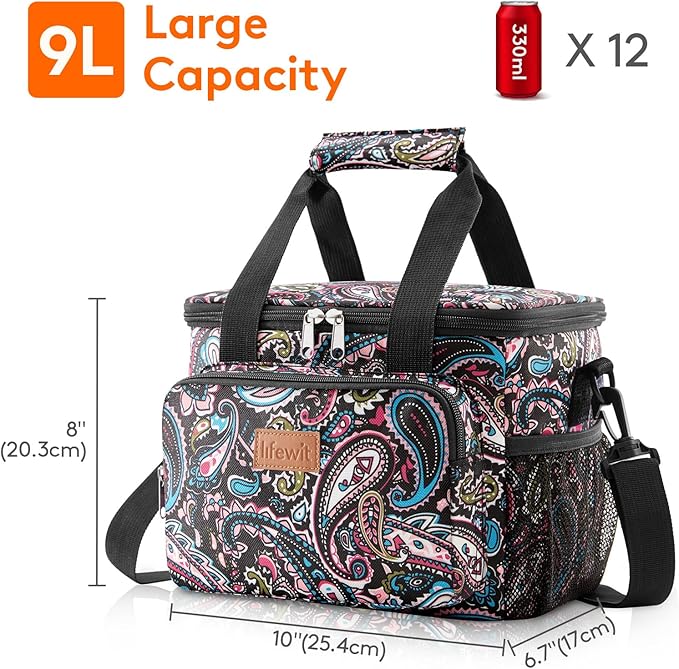 Lifewit Medium Lunch Bag, Insulated Lunch Box, Soft Cooler Cooling Tote for Adult Men Women, Paisley 12-Can (9L)