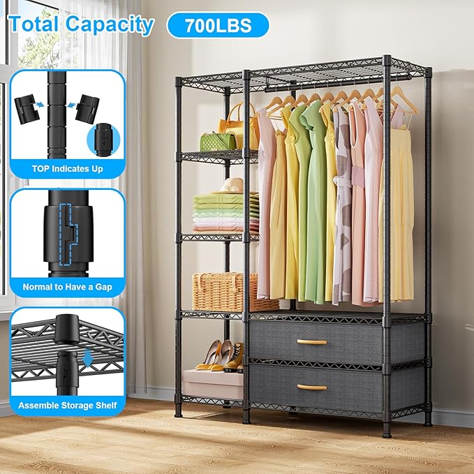 Ulif F3 Heavy Duty Clothes Rack（With Fabric Drawers）Freestanding Clothing Racks for Hanging Clothes，Adjustable Closet Organizer System，Portable Garment Rack 40" W x 15" D x 72" H，Max Load 700LBS，Black