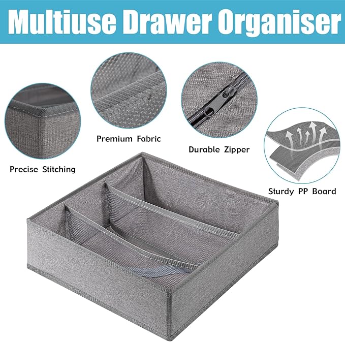 Dresser Drawer under Cabinet Clothes Organizer 3 Cell Foldable Storage Cubes Underwear Drawer Organizer Dividers Storage Boxes for Bra, （Grey）