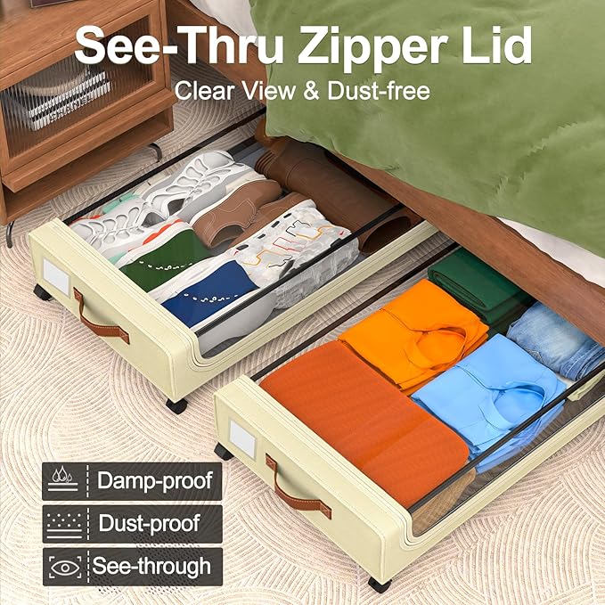 GoMaihe Under Bed Storage with Wheels:48L Underbed Storage Containers with Lids - Rolling Bins for Shoes Clothes in Dorm Bedroom - Metal Drawers Easy Pull-out Beige 4-Pack