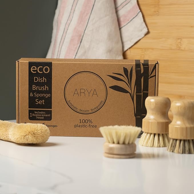 Wooden Dish Brush Set | 4 Kitchen Washing Up Brushes & One Replacement Head | Bamboo & Natural Fibers | Eco Friendly Wooden Pot Brush Scourer Scrubber Sponge Alternative