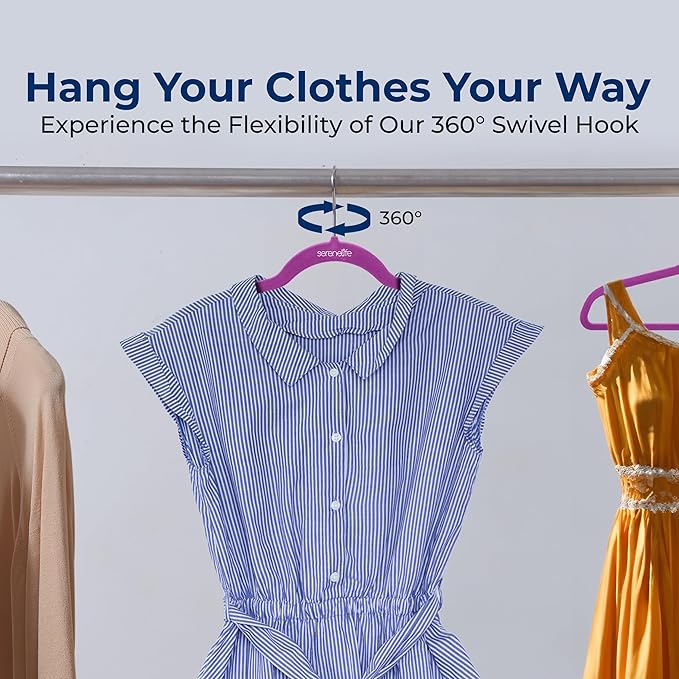 SereneLife 200 Pack Velvet Hangers - Non-Slip Felt Hangers with 360° Swivel Hook, Space-Saving, Ultra-Thin, Lightweight for Shirts, Sweaters, Hoodies, Kids Clothes & Dresses (Purple)