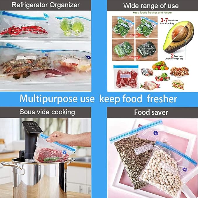 Higfra Reusable BPA Free Vacuum Sealer Bags (8.5 * 8.5in), 31 Pcs (24 Pcs Vacuum Zipper Bag & 2 Seal Clips & 5 Air Valves), Plastic, Clear, Double Zipper Seal, Microwaveable, Food Storage, Cooking