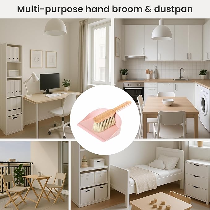 Vigar Zeroline Mini Bamboo Broom with Dustpan Combo Set, Small Dust Pan and Brush Set for Dust, Pet Hair, Car, and Crumb, House, Kitchen Broom, Pink