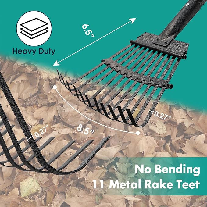 Rake, 73 Inch Long, 11 Tines Small Metal Garden Rake for Leaves, Heavy Duty 9 Inch Wide Rakes for Lawns, Yard Leaf Rakes for Gardening , Flower Beds, Shrub, Kids