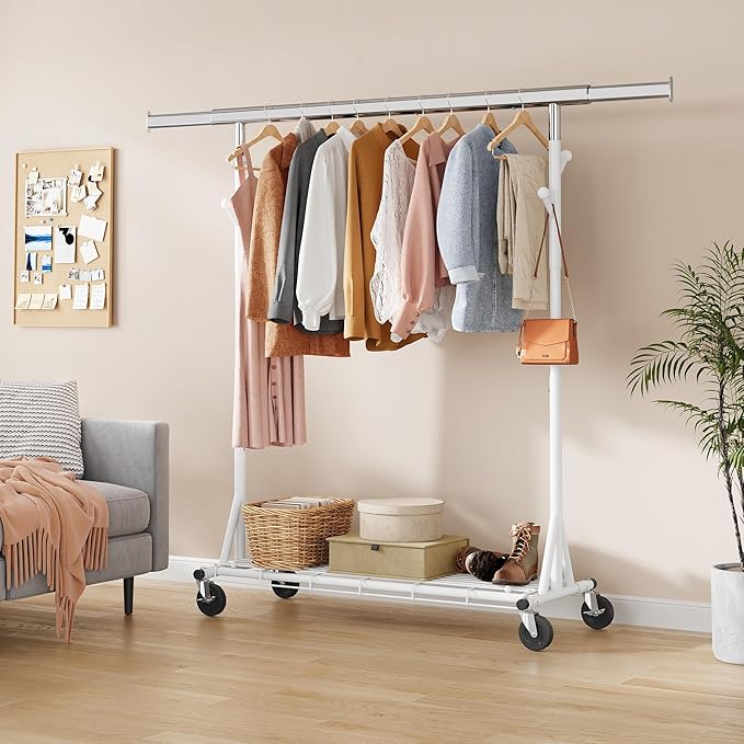Gewudraw Heavy Duty Clothes Rack, 530 lbs Load Capacity Metal Garment Rack on Wheels - Collapsible Adjustable Portable Storage with Hooks, White