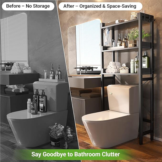 Besiost Over The Toilet Storage Rack - 3 Tier Bathroom Organizer with Shelves, Freestanding Space Saver Storage Rack Above Toilet Stand with 4 Hooks for Restroom, Laundry, Black