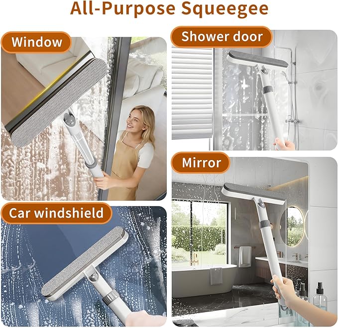 2 Pack 5-in-1 Extendable Window Squeegee with Spray, 12.6 Inches All-Purpose Window Cleaner Tool, Sponges, Silicon Blade & Gap Brush for Indoor/Outdoor Glass, Shower Door, Car Windshield, Mirror