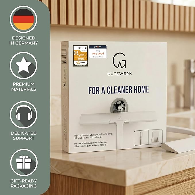 GÜTEWERK Silicone Shower Squeegee for Glass Doors & Mirrors with Stainless Steel Core, Streak-Free & No-Squeak Window Cleaning, 3-in-1 No-Drill Mount (Hook/Suction/Adhesive),White, 11 Inches