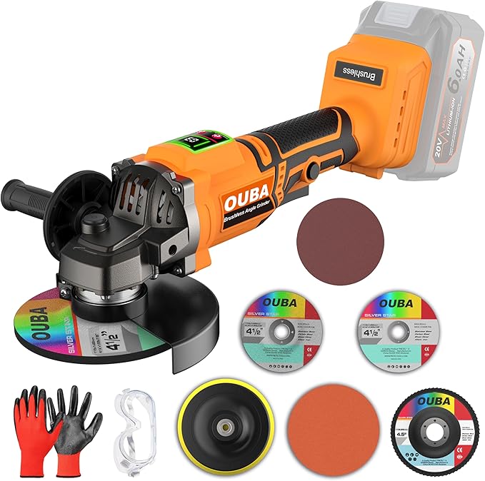 Cordless Angle Grinder Power Tools, Compatible with Dewalt 20V Max Battery Grinder Tool, Brushless Motor with LED, 3 Variable Speed, 4-1/2" Cutting Whee, Flap Disc Grinding (No Battery), Orange