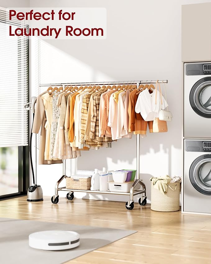 Sakugi Heavy Duty Clothes Rack - Garment Rack with Extendable Side Rods & Bottom Shoe Shelf, 25mm Stainless Steel Frame with Wheels, 49.8–74.8'' x 62.6'' x 16.5'', Silver