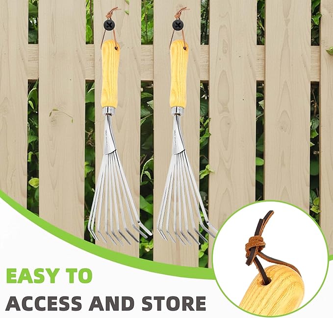 Hand Rakes, Garden Stainless Steel Hand Rake Soil Tiller with Ergonomic Handle, Small Leaf Rakes Great for Gardening, Garden Sweep Yard Flower Beds Tool