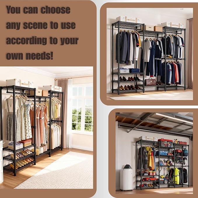 KAXIWEI Portable Closet Wardrobe – Heavy-Duty Freestanding Clothes Rack with 4 Hanging Rods & 8 Shelves, Adjustable Clothing Organizer, 67.3" L x 14.6" W x 76.8" H, Max Load 850 lbs