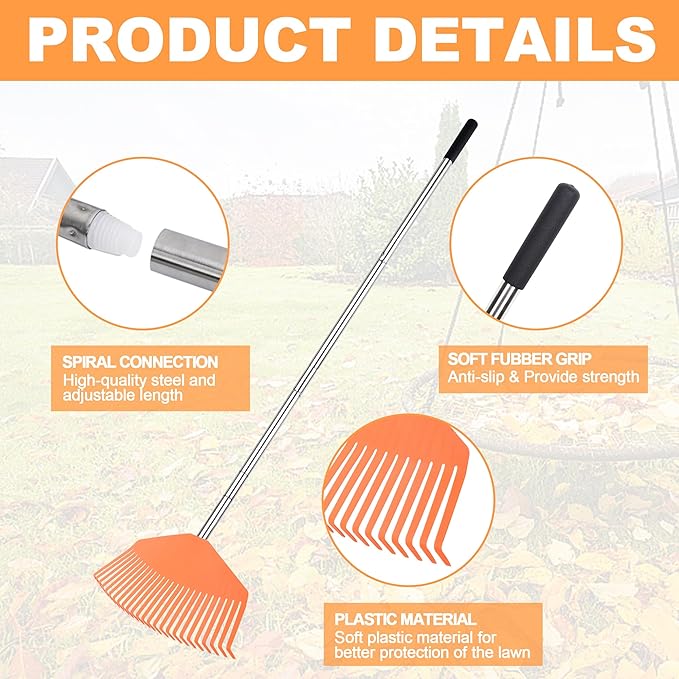 16.5-Inch Wide Adjustable Handle Leaf Rake - Plastic Rake Head, Lightweight & Compact, Used for Leaf Collection, Suitable for Small-Scale Cleanup, Ideal for Seniors and Kids