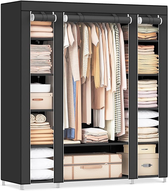 SONGMICS Closet Wardrobe, Portable Closet for Bedroom, Clothes Rail with Non-Woven Fabric Cover, Clothes Storage Organizer, 59 x 17.7 x 69 Inches, 12 Compartments, Black ULSF03H