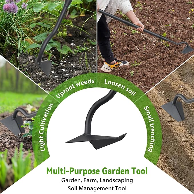 Lilyvane Garden Hoe, Heavy Duty Plow Hoe Garden Tool for Plowing,Cultivating, Trenching, Ridging, Weeding, Loosening Soil, 55 Inch Long Handle, V Shaped Sharp Triangle Hoe, Gardening Hand Tools