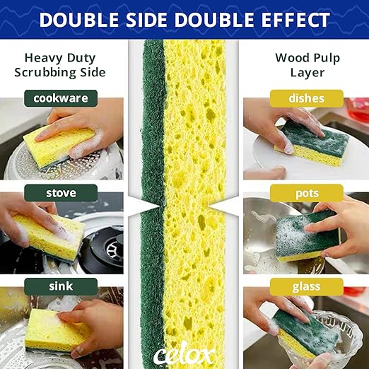 CELOX Sponges Kitchen Sponges for Dishes and Cleaning, 2-Sided Scrub Sponges Dish Sponge and Kitchen Sponge for Washing Dishes, Heavy Duty, Non-Scratch, Sinks, Household Use, Green and Yellow, 12-Pack