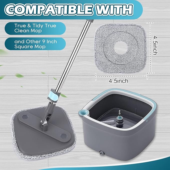 Square Microfiber Mop Pads Compatible with True & Tidy True Spin Mop - Mop Replacement Pads for Square Spin Mop and Bucket - Washable Pads fit for All 9 Inch Square Spin Mop (6 Pack)
