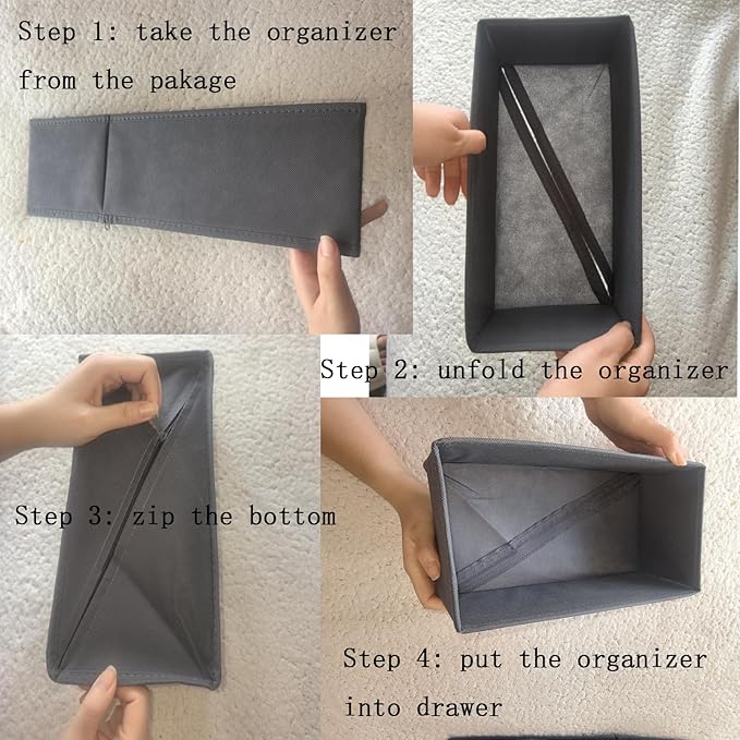 Bructhun Drawer Organizer Set of 4 Light Grey - Fabric Storage Bins for Clothes, Underwear, Socks & Bras - 11" Dresser Dividers for Bedroom Closet