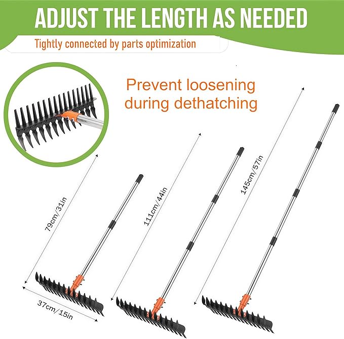 15" Heavy Duty Thatch Rake - Different Two-Row 29 Tines Metal Dethatcher with Strong Adjustable Handle for Lawn Yard Leaf Weed Removal & Soil Loosening