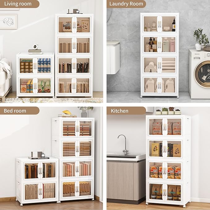 Large Stackable Storage Bins with Lids, 440QT-110QT*4Tier Foldable Cabinet for Closet Organizers, Plastic Storage Containers Box with Wheels